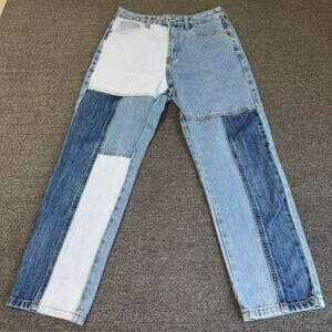 I&M Black Label Patchwork Blue Denim Straight Leg Jeans Women's 7 Boho Casual